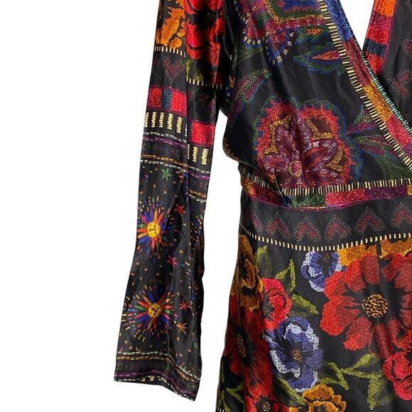 Farm Rio Black Multicolor Mixed Arabesque Scarves Long Sleeve Mini Wrap Dress M - Picture 2 of 10